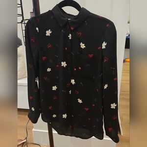 Reitmans Black Blouse with Floral and Heart Accents